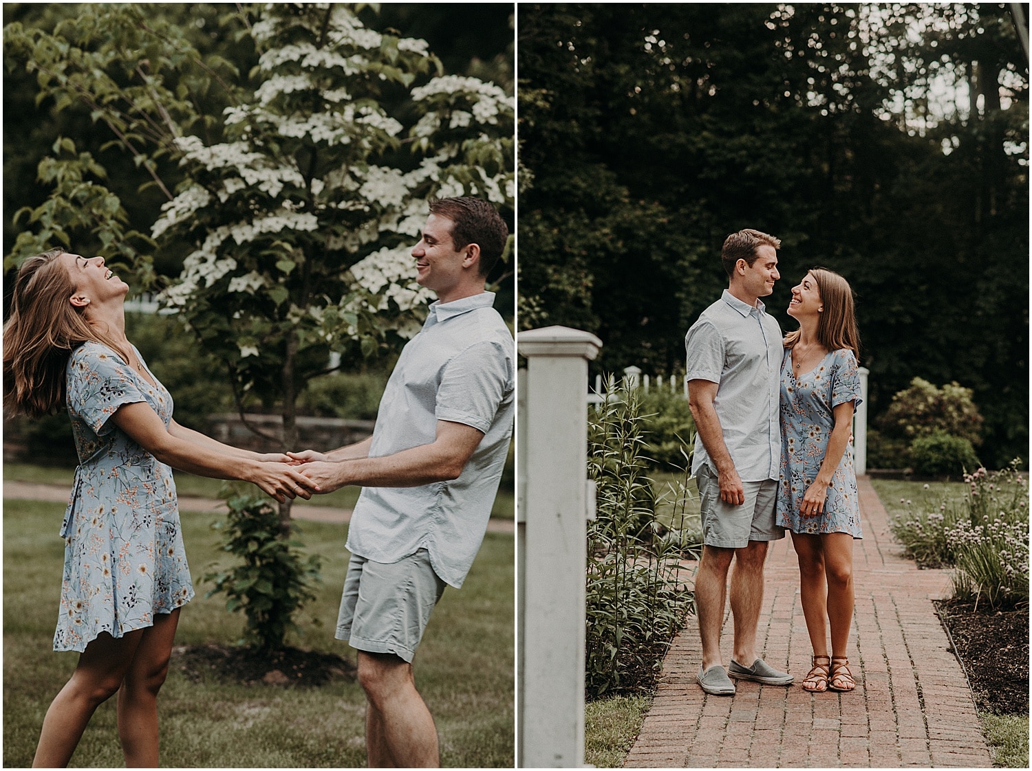 couple at their engagement session in ogunquit maine, laughing