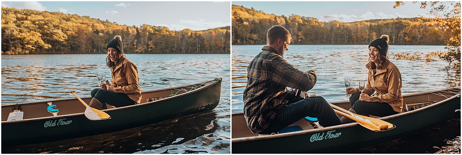 couple having some champagne during engagement session in a canoe