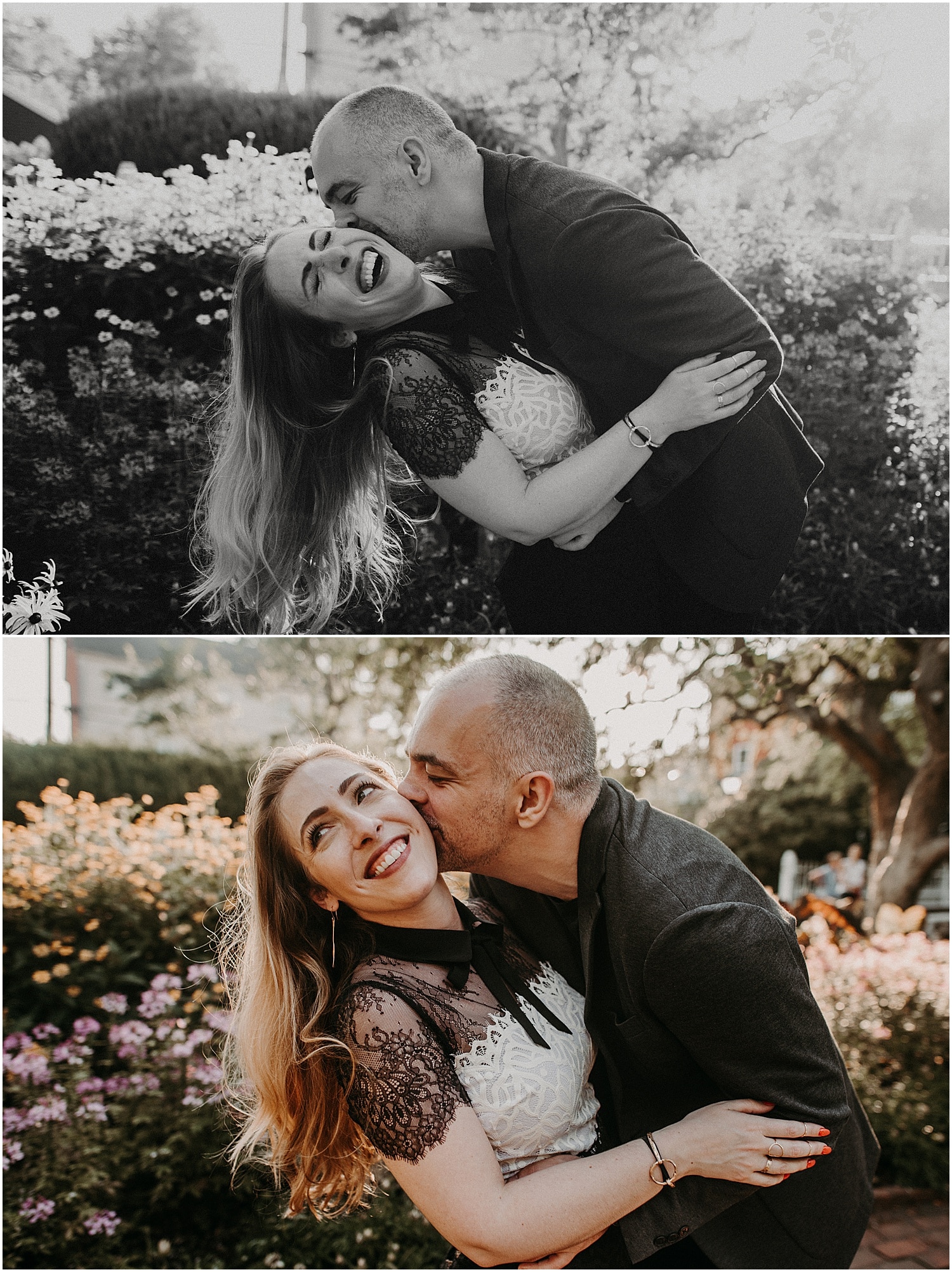 black and white of couple laughing during their Portsmouth Engagement Photography