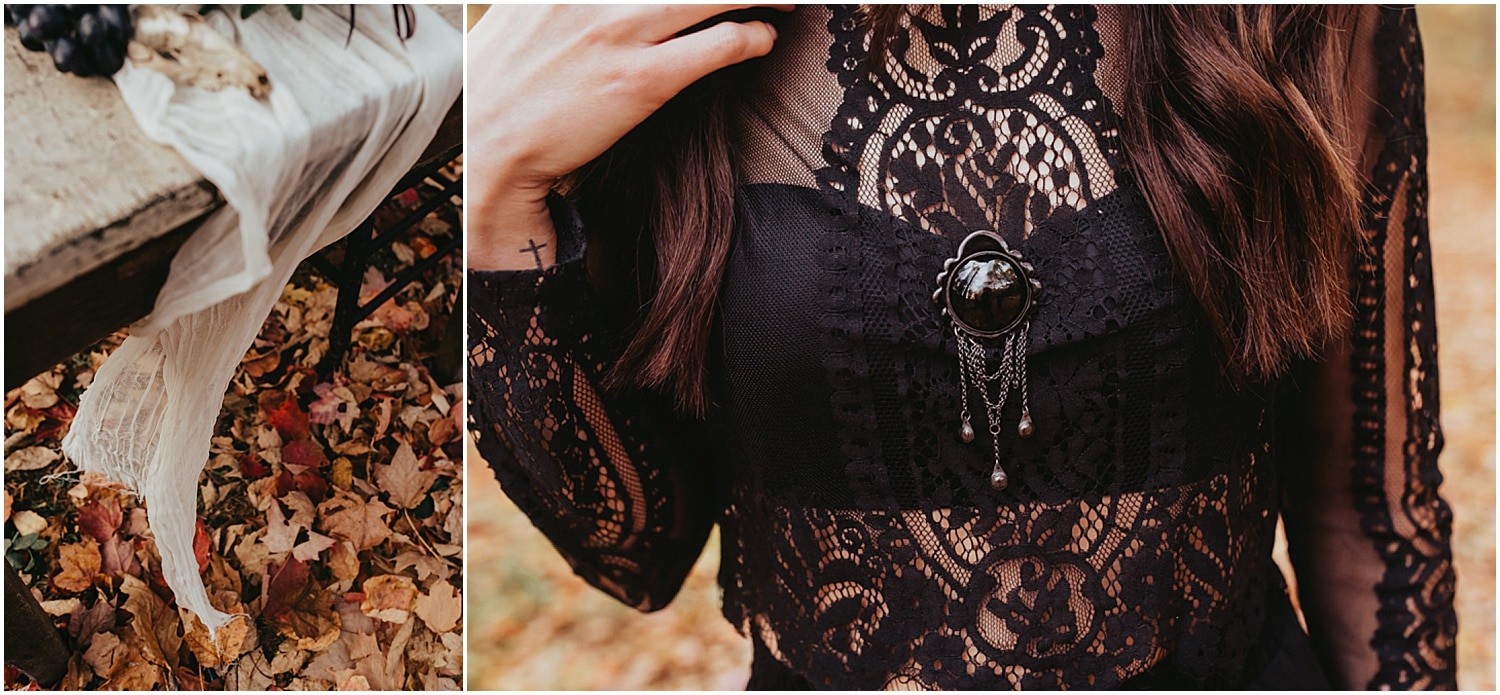 black wedding dress details for halloween wedding inspiration 
