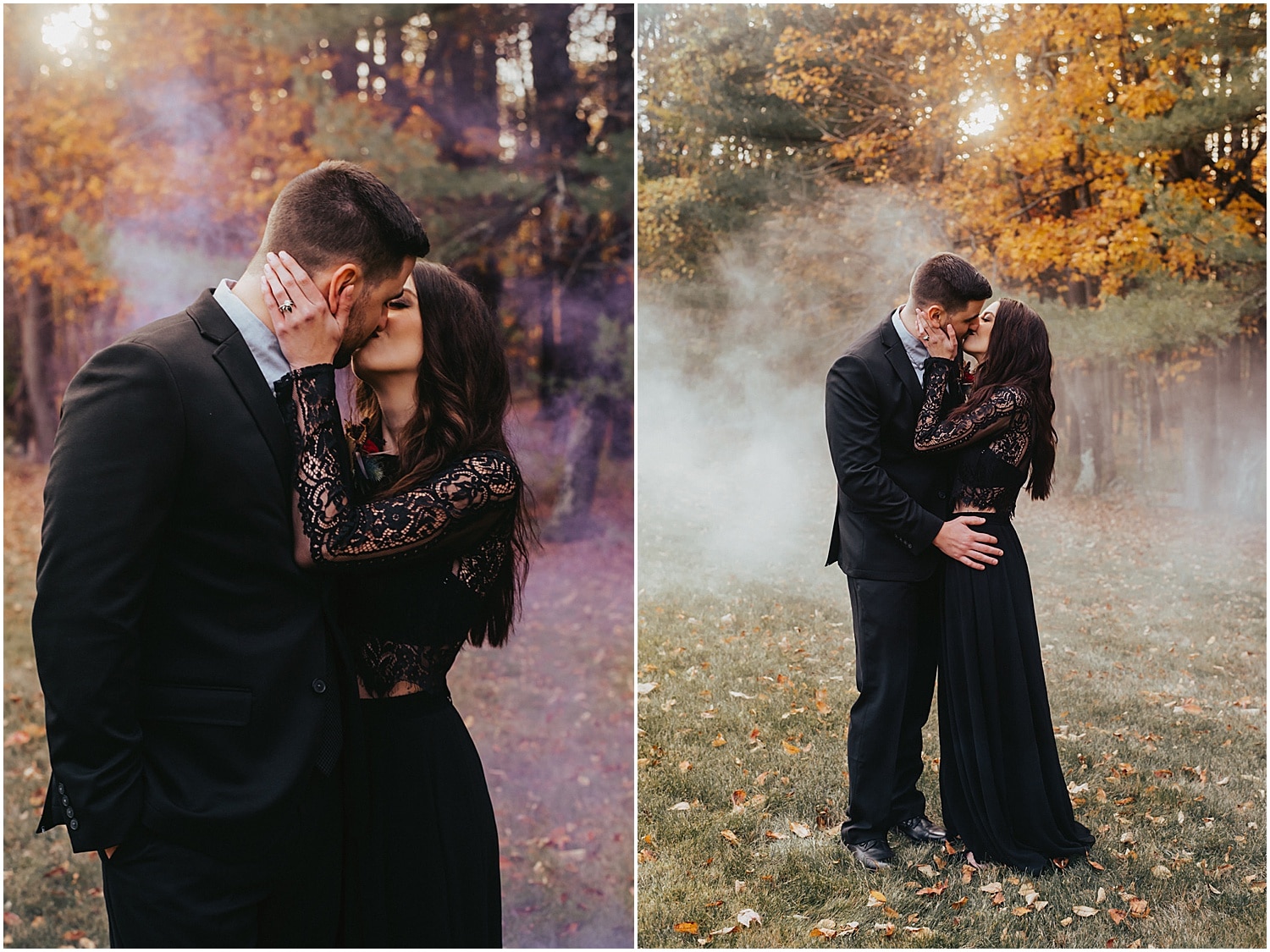 couple kissing in smoke bombs during halloween wedding inspiration photoshoot