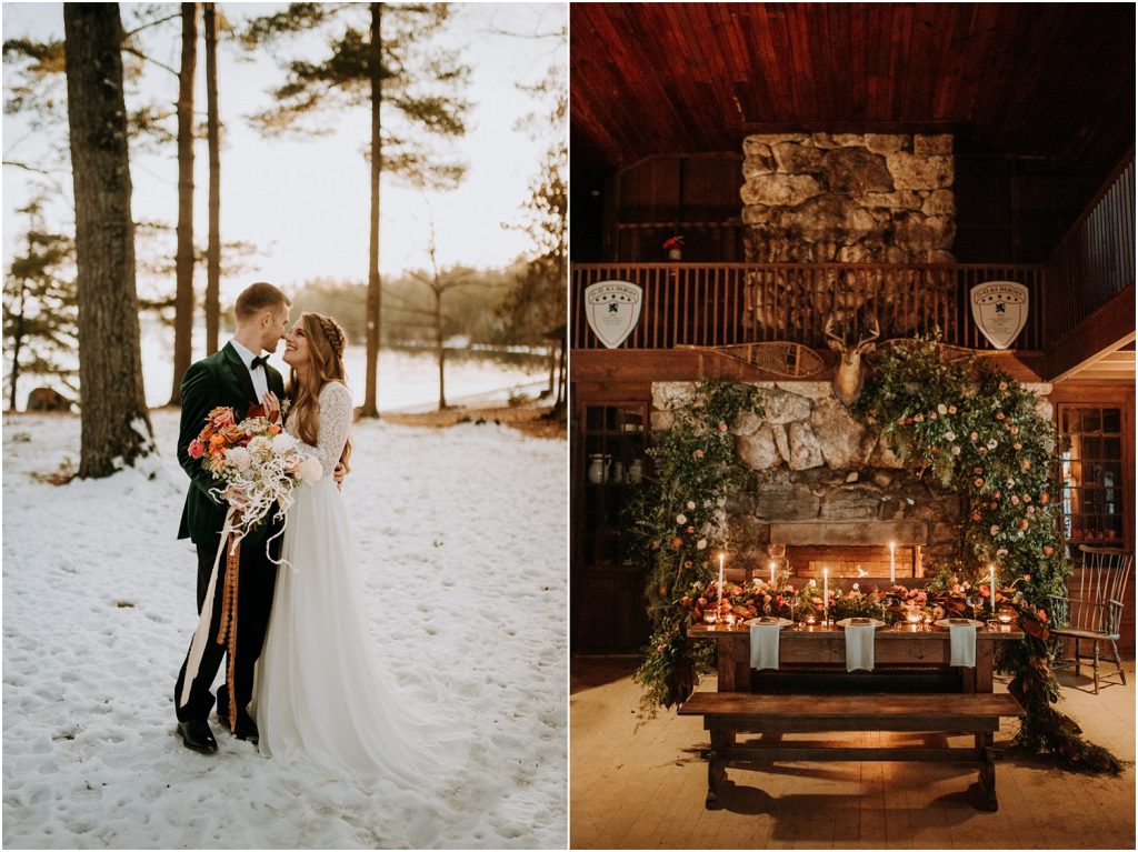 Winter wedding images of couple and decorated fireplace