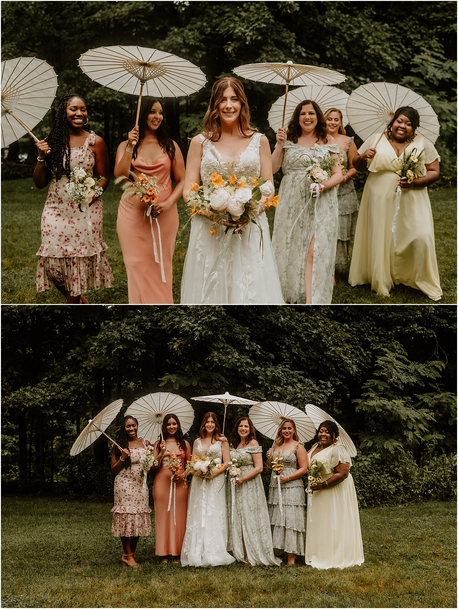 Bridesmaids stand with bride for Maine Wedding Photographer