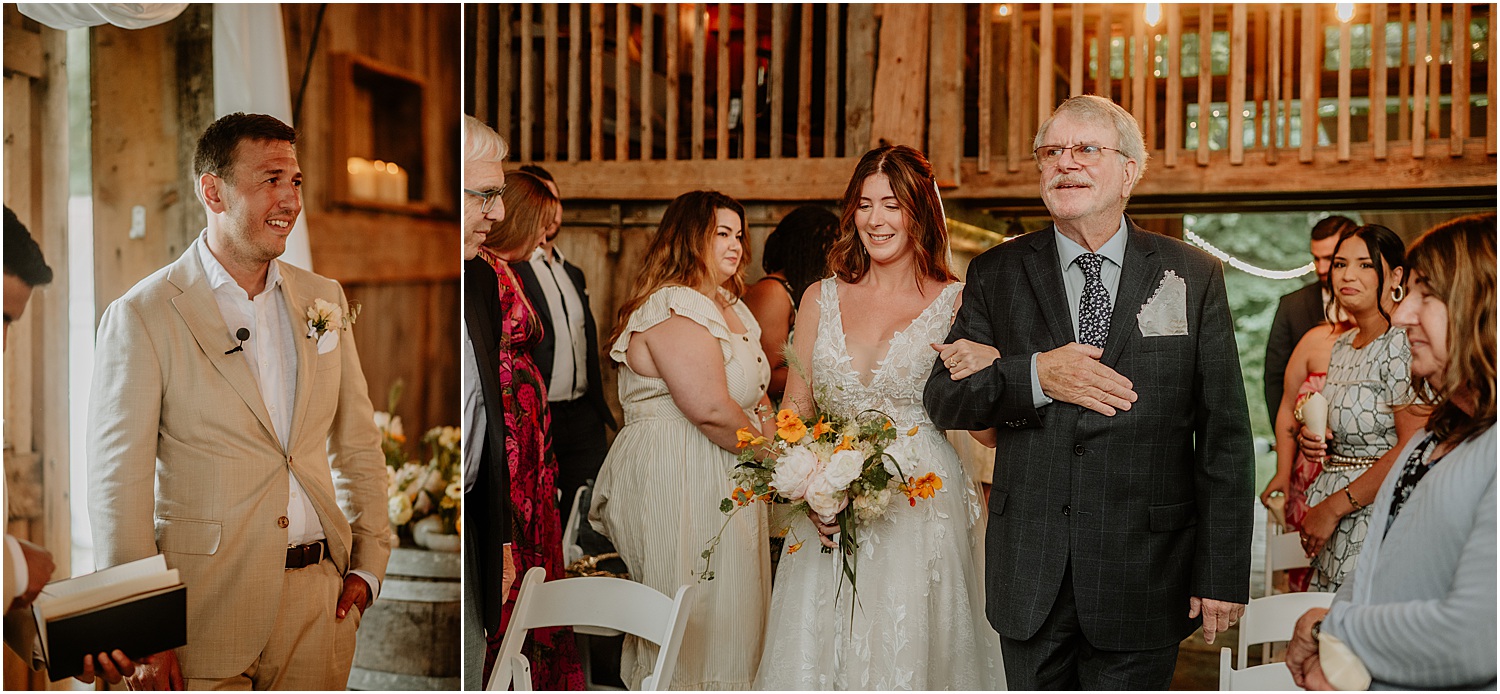 Bride walks down the aisle with father for Maine Wedding Photographer