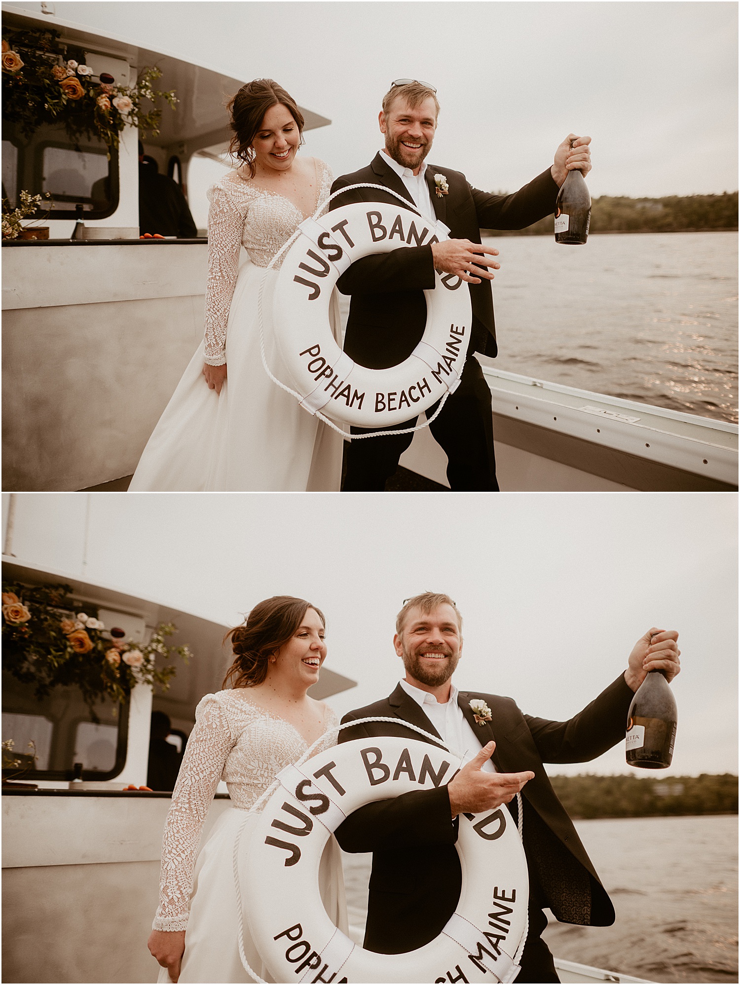 Happy couple celebrate their love on Just Banded Lobster Boat Elopement