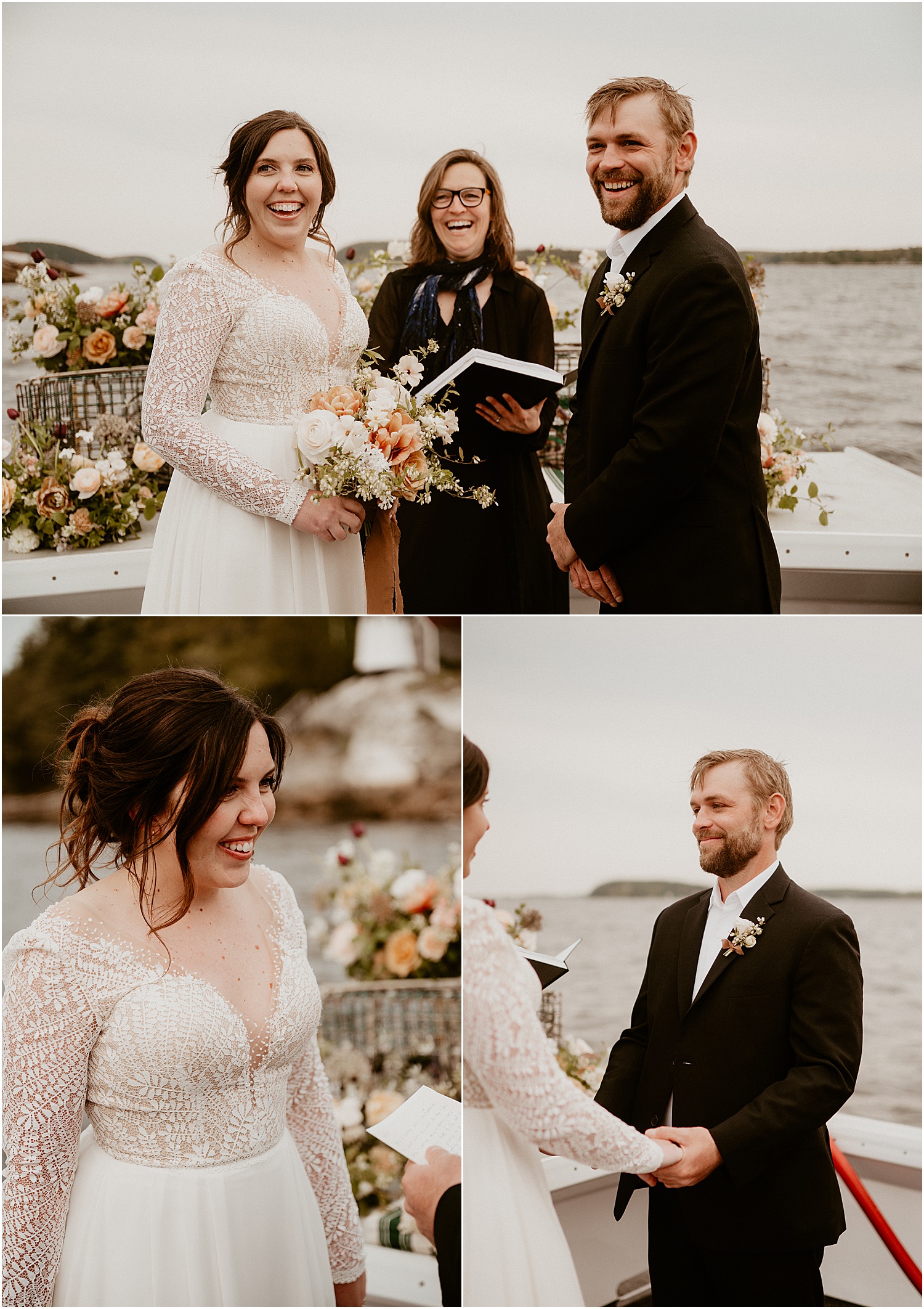 Bride and groom share smiles and laughs for Just Banded Lobster Boat Elopement
