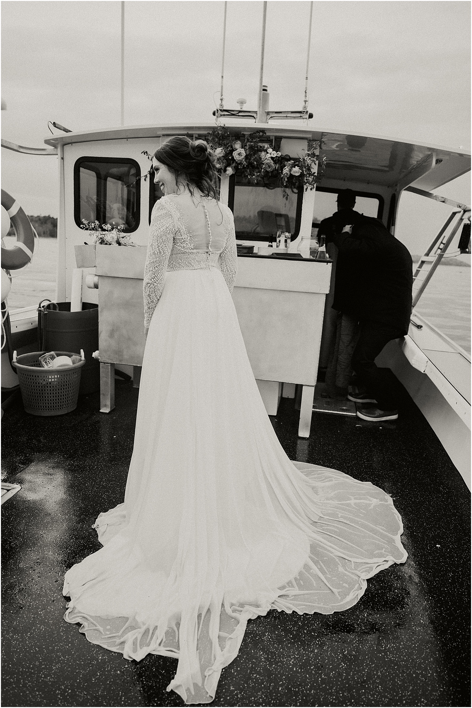 Bride on a boat for Katelyn Mallett Photography