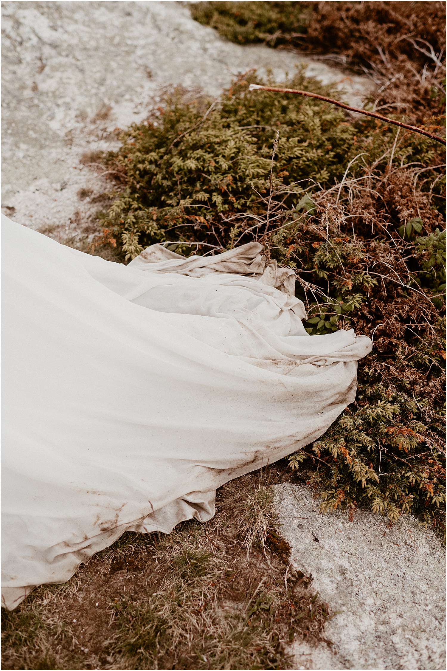 Muddy wedding dress from adventurous elopement for Katelyn Mallett Photography